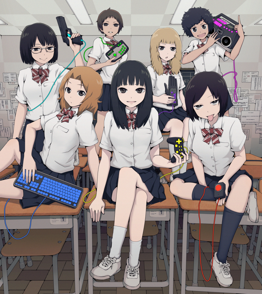 &gt;:d 6+girls :d :p black_eyes black_hair black_socks blonde_hair boombox breasts brown_hair chestnut_mouth classroom controller crossed_legs desk dress_shirt dualshock game_controller gamepad glasses gun highres holding_computer_keyboard computer_keyboard kneehighs long_hair multiple_girls open_mouth original playstation_controller pleated_skirt power_glove school school_desk school_uniform shirt shoes short_hair sitting skirt smile sneakers socks tongue tongue_out v-shaped_eyebrows weapon white_legwear wire yajirushi_(chanoma)
