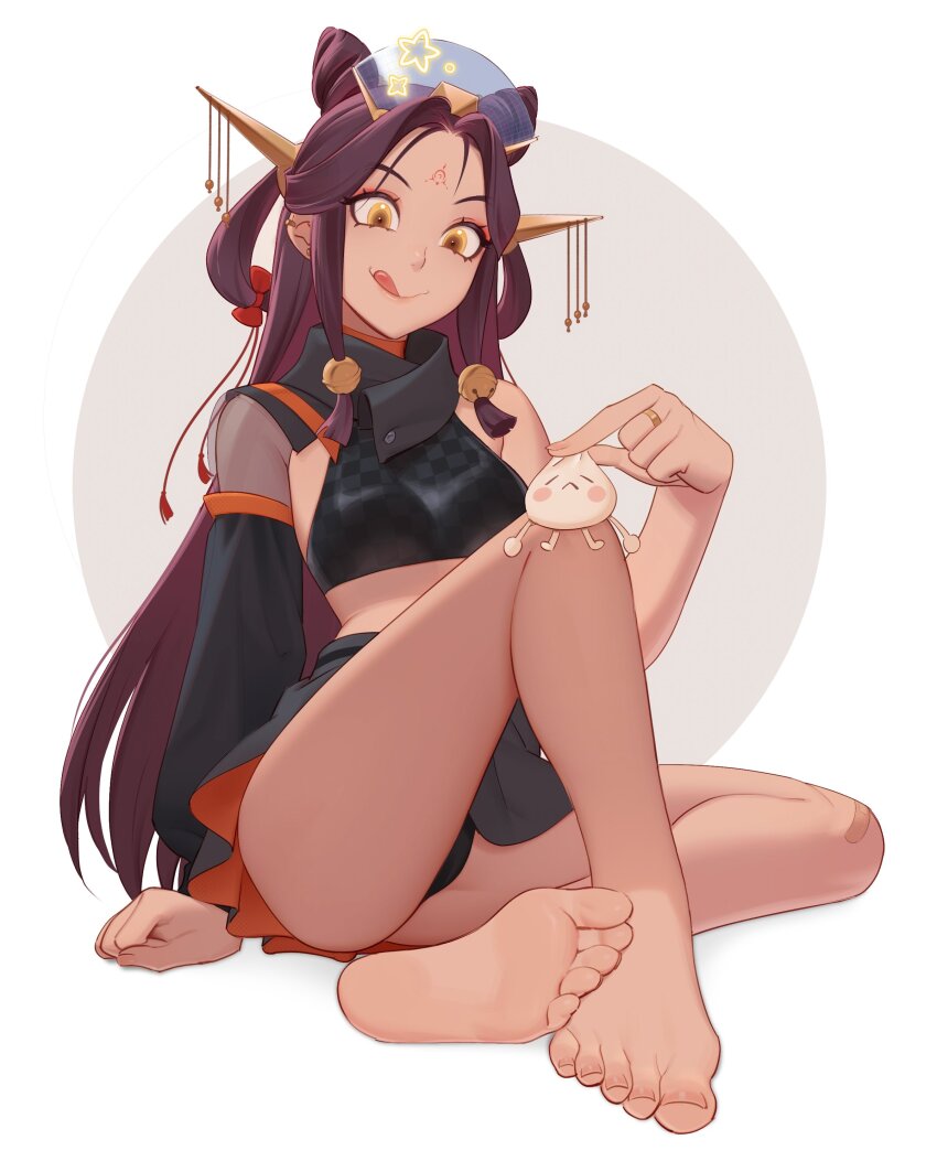 1girl absurdres bare_legs barefoot bell black_panties black_skirt breasts commission crop_top dnaitari feet forehead full_body grey_background hair_bell hair_intakes hair_ornament highres indie_virtual_youtuber jewelry knee_up legs licking_lips long_hair panties parted_bangs purple_hair ring second-party_source single_sleeve skirt small_breasts smile soles solo thighs toenails toes tongue tongue_out underwear very_long_hair virtual_youtuber white_background yellow_eyes