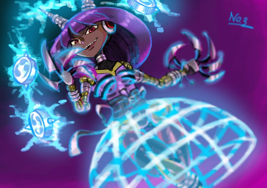 1girl bob_cut breasts character_name claws commentary_request dark-skinned_female dark_skin dutch_angle dynatron_(mighty_no._9) electricity feet_out_of_frame floating floating_object glowing gradient_background grid hands_up highres horns joints light_bulb medium_breasts mighty_no._9 mitsudomoe_(shape) no_cape purple_background purple_hair red_eyes robot robot_ears robot_girl robot_joints see-through_body sharp_teeth short_hair simple_background smile solo takenokonoko teeth tomoe_(symbol) upper_teeth_only very_dark_skin yellow_horns