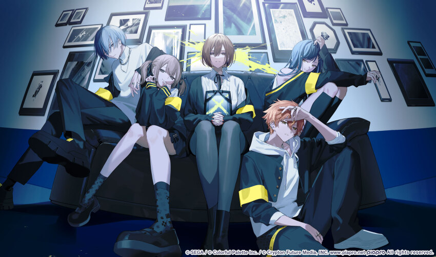 aoyagi_touya armband azusawa_kohane bare_shoulders black_pantyhose black_shoes black_socks blue_hair boots bow bowtie brown_eyes brown_hair buttons commentary_request couch egoist_(vocaloid) fisheye highres hood hoodie itefu jacket jacket_over_hoodie jewelry kneehighs knees long_hair long_sleeves mary_janes medium_hair meiko_(vocaloid) nail_polish off_shoulder official_art on_couch open_clothes open_jacket orange_hair orange_nails pantyhose portrait_(object) project_sekai ring shinonome_akito shiraishi_an shirt shoes short_hair short_twintails sitting sleeves_rolled_up sneakers socks squatting sweater turtleneck turtleneck_sweater twintails vivid_bad_squad_(project_sekai) vivid_bad_squad_meiko vocaloid white_hoodie white_shirt white_shoes yellow_armband yellow_eyes