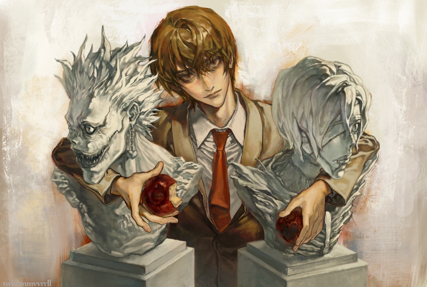 1boy apple brown_hair death_note food fruit highres holding holding_food holding_fruit male_focus mvrl necktie rem_(death_note) ryuk shinigami solo statue yagami_light