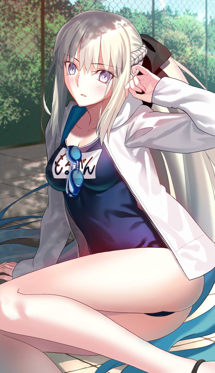 1girl absurdres black_bow blue_eyes blue_one-piece_swimsuit bow braid breasts bush crossed_legs faerie_knights_(fate) fate/grand_order fate_(series) fence full_body glasses goggles grey_hair hair_between_eyes half_up_braid hand_on_own_face high_heels highres jacket long_hair long_sleeves looking_at_viewer mishiro_(ixtlolton) morgan_le_fay_(fate) one-piece_swimsuit open_clothes open_jacket outdoors scenery school_swimsuit sitting solo swim_goggles swimsuit thighs very_long_hair white_hair white_jacket