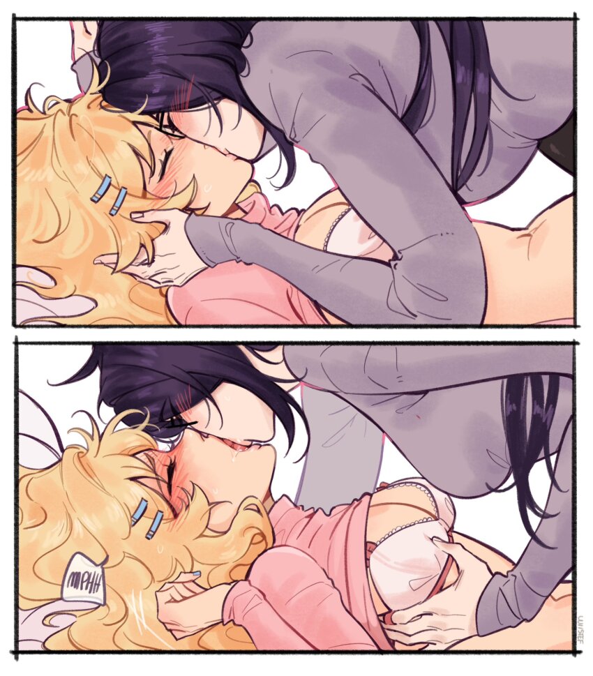 2girls blonde_hair blue_hair blush bra breasts cleavage clorinde_(genshin_impact) closed_eyes clothes_lift commentary english_commentary french_kiss genshin_impact hair_ornament hairclip hand_on_another&#039;s_chest highres kiss multiple_girls navel navia_(genshin_impact) pink_shirt purple_shirt shirt stomach underwear white_bra wiistef yuri