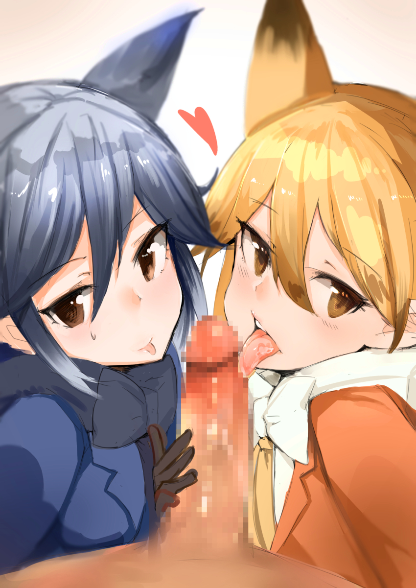 10s 1boy 2girls animal_ears black_bow black_bowtie black_gloves blonde_hair blue_jacket blush bow bowtie brown_eyes censored clothed_female_nude_male clothed_sex cooperative_fellatio erection ezo_red_fox_(kemono_friends) fellatio ffm_threesome fox_ears fox_girl gloves gradient_hair grey_hair group_sex heart highres jacket kemono_friends licking licking_penis long_hair looking_at_viewer mosaic_censoring multicolored_hair multiple_girls muoto nude oral orange_jacket penis penis_grab pov saliva silver_fox_(kemono_friends) simple_background sweatdrop teamwork_(sexual) threesome tongue tongue_out two-tone_hair white_background white_bow white_bowtie
