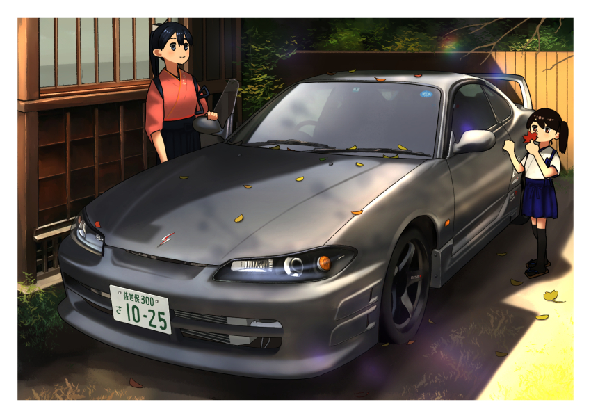 2girls aged_down autumn_leaves black_hair black_hakama black_thighhighs blue_eyes blue_skirt border brown_eyes brown_hair car closed_mouth commentary_request geta grey_car hakama hands_up highres holding holding_leaf houshou_(kancolle) japanese_clothes kaga_(kancolle) kantai_collection kimono leaf long_hair motor_vehicle multiple_girls nissan nissan_silvia nissan_silvia_s15 outdoors pink_kimono side_ponytail skirt smile thighhighs timmyyen vehicle_focus white_border white_kimono