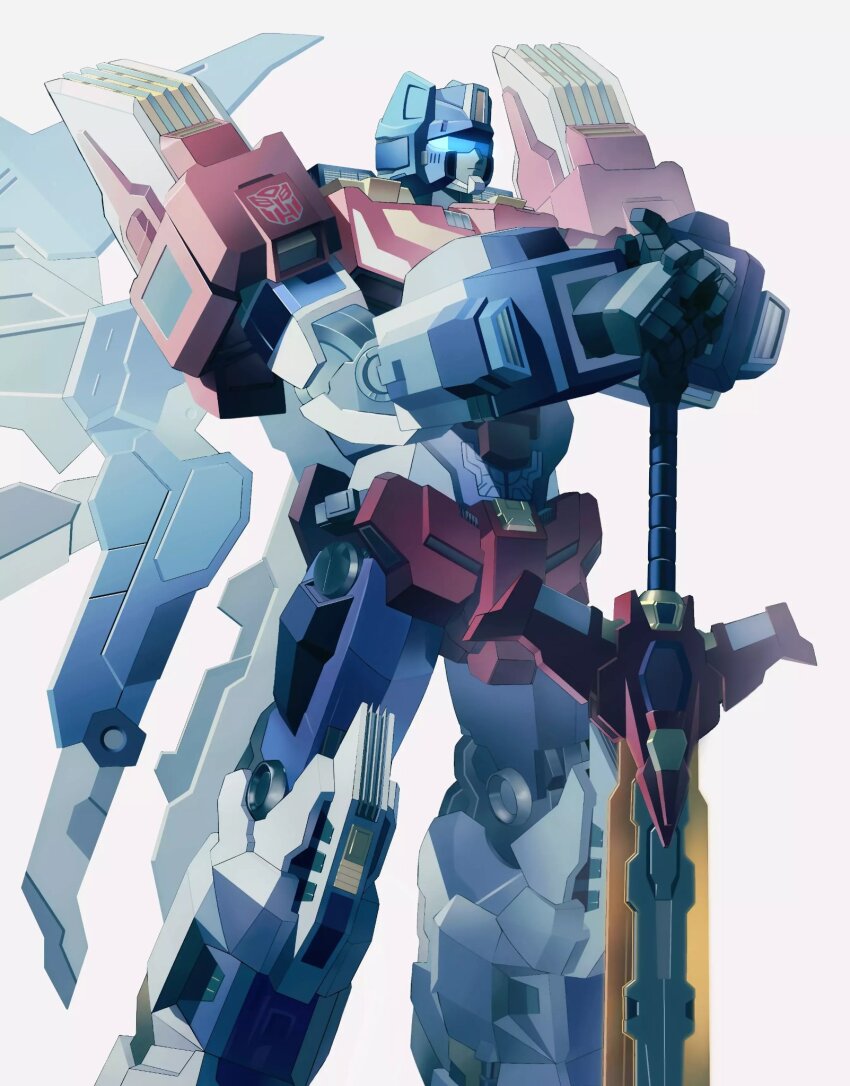 armor autobot blue_armor frostedmirror hand_on_hilt highres holding holding_sword holding_weapon insignia mecha mecha_focus no_humans planted planted_sword planted_weapon red_armor robot simple_background solo star_saber_(transformers) sword transformers transformers_victory weapon