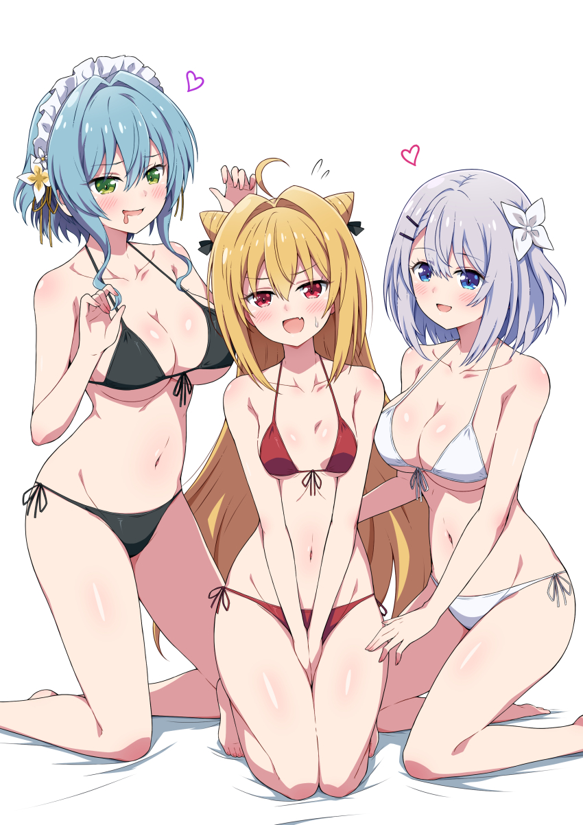 absurdres bikini black_bikini blonde_hair blue_eyes blue_hair breasts cleavage cone_hair_bun eggman_(ni_tamagoex) feet_out_of_frame flower front-tie_bikini_top front-tie_top green_eyes hair_between_eyes hair_bun hair_flower hair_ornament highres hikikomari_kyuuketsuki_no_monmon kneeling large_breasts long_hair maid_headdress purple_hair red_bikini red_eyes sakuna_memoire short_hair simple_background small_breasts swimsuit terakomari_gandezblood v_arms villhaze white_background white_bikini