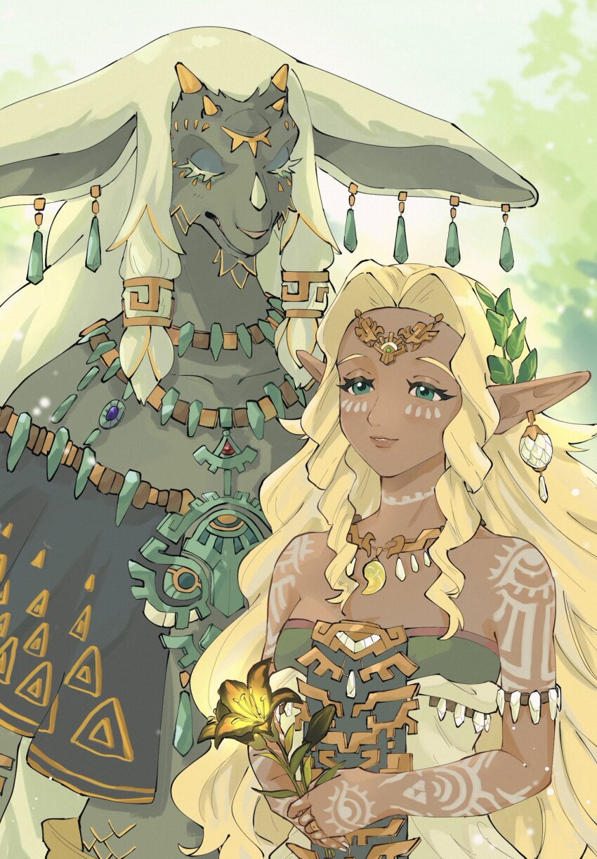 1boy 1girl arm_tattoo bare_shoulders blonde_hair body_markings circlet closed_eyes closed_mouth commentary_request dark-skinned_female dark_skin dress earrings eyelashes flower green_dress green_eyes hair_ornament highres holding holding_flower husband_and_wife jewelry leaf_hair_ornament long_hair magatama magatama_necklace multicolored_dress multiple_earrings necklace nintendo parted_lips pointy_ears rauru_(tears_of_the_kingdom) secret_stone sidelocks smile sonia_(zelda) strapless strapless_dress tattoo the_legend_of_zelda the_legend_of_zelda:_tears_of_the_kingdom tooth_necklace very_long_ears very_long_hair white_dress white_hair yamori_(yamoooon21) zonai