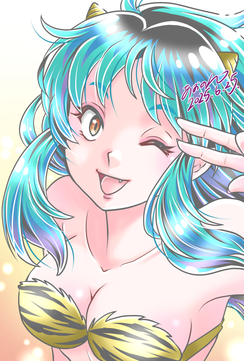 1girl 2025 ;d aononmi blue_hair bra breasts cleavage collarbone dated fang floating_hair highres horns long_hair lum medium_breasts one_eye_closed open_mouth orange_eyes signature smile solo strapless strapless_bra striped_bra striped_clothes tiger_stripes underwear upper_body urusei_yatsura v v_over_eye white_background yellow_bra