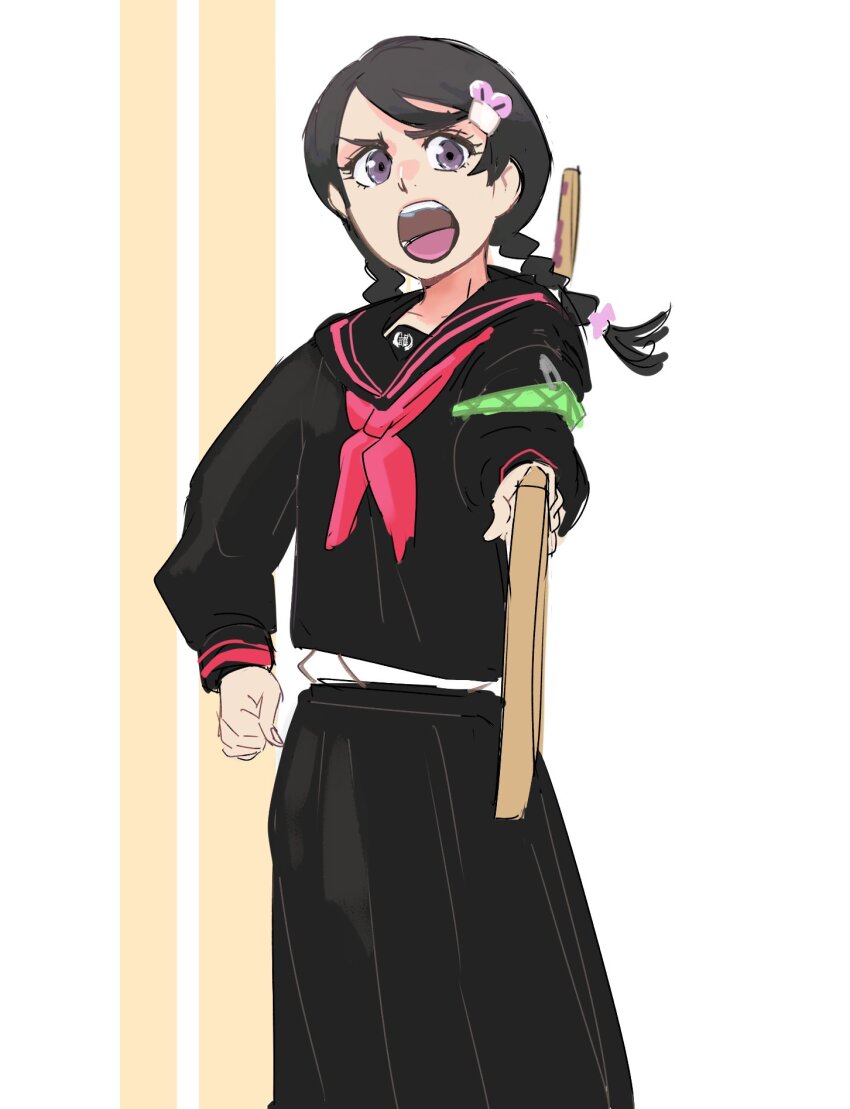 1girl armband black_hair black_serafuku black_shirt black_skirt bleach braid clenched_hand commentary cowboy_shot foreshortening grey_eyes hair_ornament highres hinamori_momo holding holding_ruler kubo_tite_(style) long_sleeves looking_at_viewer low_twin_braids medium_hair neckerchief official_alternate_costume open_mouth red_neckerchief ruler sailor_collar school_uniform sekihan_(6kihan) serafuku shirt sketch skirt solo teeth twin_braids undershirt
