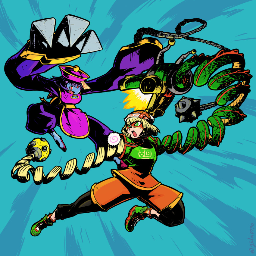 2girls arms_(game) ball_and_chain_(weapon) beanie blonde_hair blue_skin chest_guard chinese_clothes claw_(weapon) colored_skin crossover darkstalkers domino_mask dragon_(arms) fighting green_eyes green_footwear hat highres hsien-ko jiangshi leggings_under_shorts mask megawatt_(arms) min_min_(arms) multiple_girls ofuda oldwillow orange_shirt orange_shorts orange_socks red_eyes shirt shoes short_hair shorts sneakers socks extendable_limbs weapon wide_sleeves