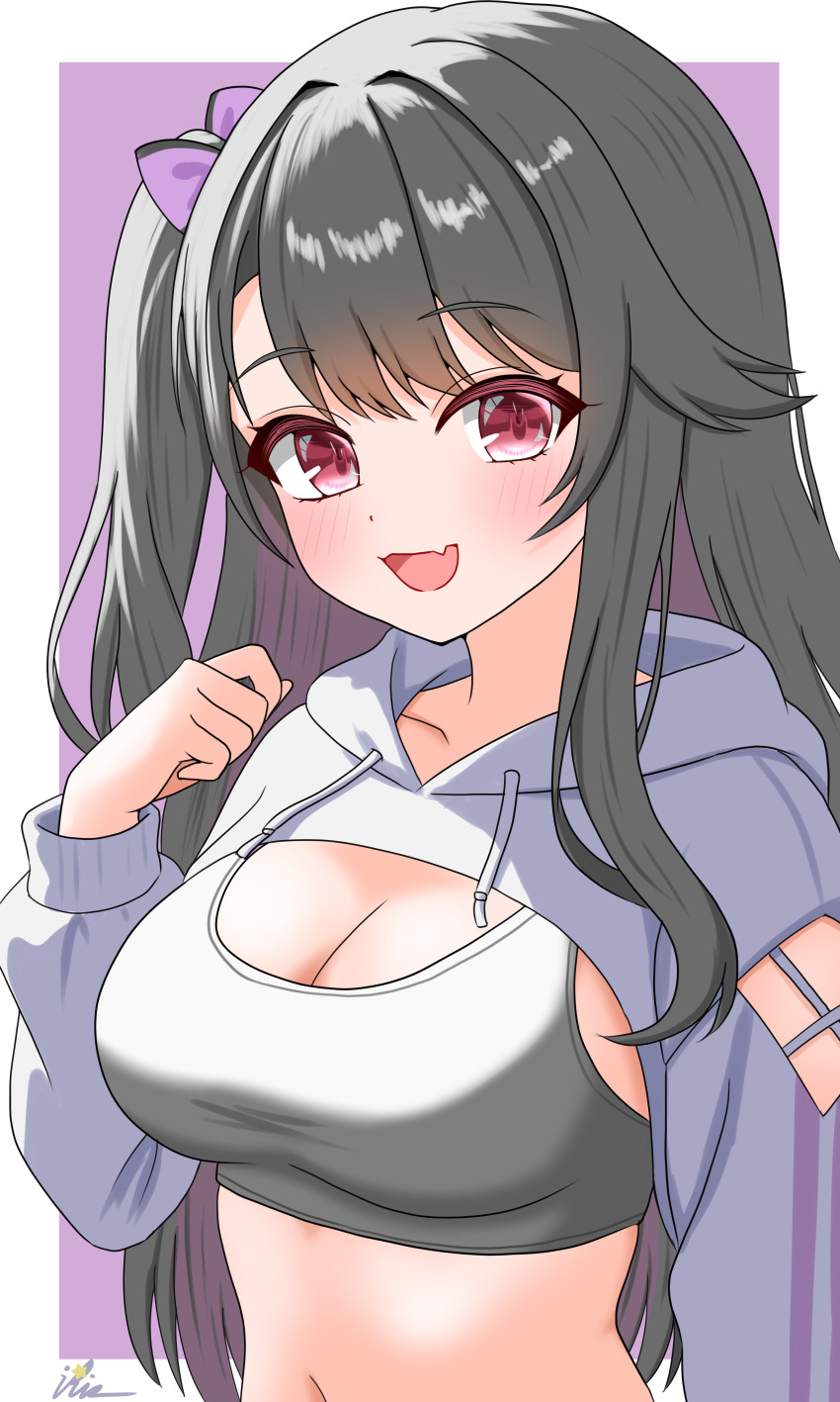 1girl :d absurdres azur_lane black_hair blush bow breasts cleavage commentary_request crop_top cropped_hoodie fang hair_bow hand_up highres hood hood_down hoodie long_hair looking_at_viewer medium_breasts midriff multicolored_hair navel open_mouth pamiat_merkuria_(azur_lane) pamiat_merkuria_(pick_and_choose!)_(azur_lane) pink_eyes purple_bow purple_hair reinforceiris side_ponytail smile solo two-tone_hair upper_body very_long_hair