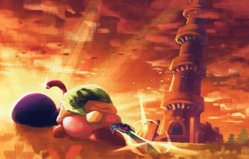 cloud colored_skin commentary_request copy_ability from_behind gleam gooey_(kirby) green_hat hat highres holding holding_sword holding_weapon kirby kirby_(series) kirby_fighters_2 light_particles long_tongue nintendo no_humans orange_sky outdoors pink_skin pom_pom_hat_ornament red_footwear shoes sky slime_(creature) sun sunset suyasuyabi sword sword_kirby tongue tower tree weapon