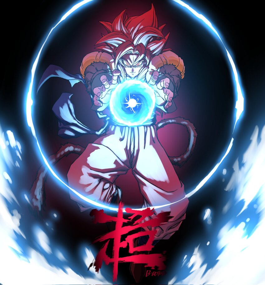 1boy bakarott big_bang_kamehameha bracer commentary dragon_ball dragon_ball:_sparking! dragon_ball_gt energy_ball english_commentary floating_clothes glowing glowing_eyes gogeta highres incoming_attack kamehameha_(dragon_ball) looking_at_viewer male_focus medium_hair metamoran_vest monkey_boy monkey_tail muscular muscular_male pants parted_bangs red_eyes red_fur red_hair smirk solo spiked_hair super_saiyan super_saiyan_4 tail translation_request twitter_username white_pants