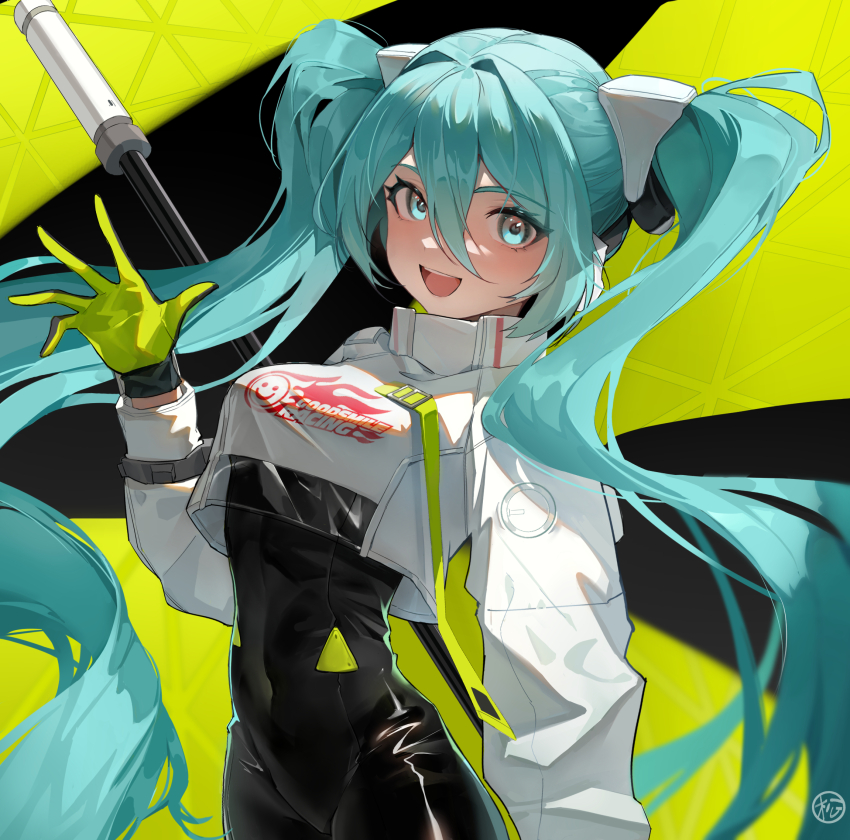 1girl absurdly_long_hair aqua_eyes aqua_hair black_bodysuit bodysuit breasts covered_navel cowboy_shot crop_top crop_top_overhang cropped_jacket flag flagpole flame_print floating_hair gloves goodsmile_company goodsmile_racing green_flag green_gloves hair_between_eyes hair_intakes hatsune_miku high_collar highres holding holding_pole jacket long_bangs long_hair long_sleeves looking_at_viewer matsuo_ringo medium_breasts open_mouth pole race_queen racing_miku racing_miku_(2022) shiny_clothes smile smiley_face solo text_print twintails two-tone_gloves very_long_hair vocaloid waving wavy_hair white_jacket