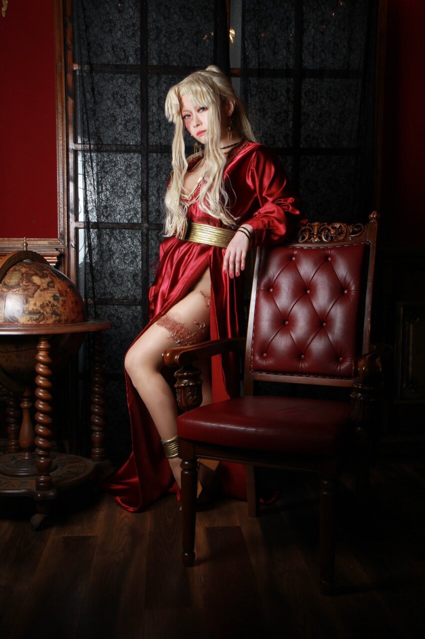 1girl 2022 2024 arm_support arm_up balalaika_(black_lagoon) balalaika_(black_lagoon)_(cosplay) bare_legs black_lagoon blue_eyes bracelet burn_scar closed_mouth commentary cosplay cosplay_photo dress female_focus fireplace full_body globe gold head_tilt high_heels highres indoors jacket japanese_(nationality) jewelry leaning_forward leg_up long_hair long_sleeves looking_at_viewer messy_hair mole mole_under_eye multiple_scars open_clothes pelvic_curtain photo_(medium) plunging_neckline ponytail real_life red_dress red_jacket red_lips red_nails scar scar_on_face scar_on_leg t3223umi tiptoes toeless_footwear upper_body v-shaped_eyebrows very_long_hair window