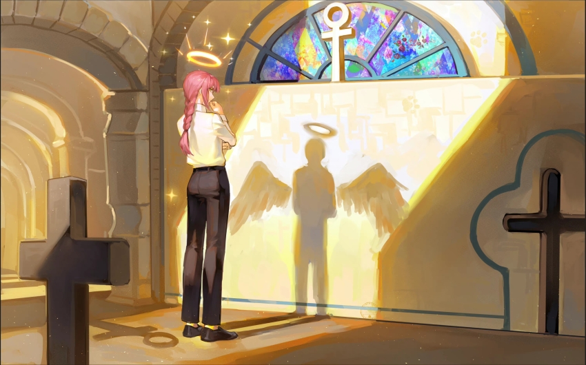 1girl arch architecture black_pants black_shoes chainsaw_man church cross day different_shadow full_body halo hand_on_own_chin hand_on_own_opposite_hip highres indoors latin_cross long_hair long_sleeves looking_at_viewer looking_back makima_(chainsaw_man) maya_king painterly pants red_hair shirt shoes solo sparkle stained_glass standing sunlight white_shirt wide_shot