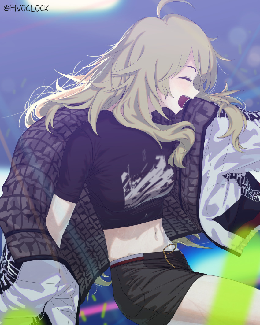 1girl absurdres antenna_hair blonde_hair closed_eyes crop_top dancing fivoclock highres hoshii_miki idolmaster idolmaster_(classic) indoors long_hair midriff navel open_mouth oversized_jacket skirt solo sweat teeth zipper zipper_skirt