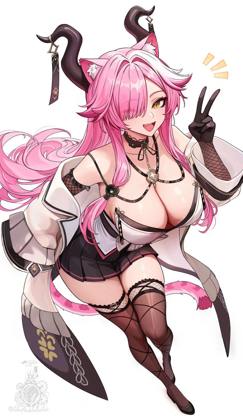 1girl absurdres animal_ears azur_lane bare_shoulders black_choker black_gloves black_shoes black_skirt black_thighhighs breasts choker cleavage coat commentary cosplay english_commentary fishnets full_body gloves hair_over_one_eye hand_up highres hololive hololive_english horns large_breasts long_hair long_sidelocks looking_at_viewer miniskirt multicolored_hair off_shoulder open_mouth owari_(azur_lane) owari_(azur_lane)_(cosplay) panther_ears panther_girl panther_tail pink_hair raora_panthera shirt shoes sidelocks simple_background single_sleeve_past_fingers skirt sleeveless sleeveless_shirt solo standing strapless strapless_shirt streaked_hair tail thighhighs unstableboiler v very_long_hair virtual_youtuber white_background white_coat white_shirt white_streaks yellow_eyes