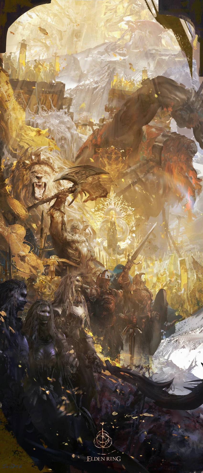 1boy 1girl 6+others absurdres armor army axe battle_axe beard blonde_hair braid braided_beard breastplate cape crown crucible_knight double-sided_axe dress elden_ring erdtree_(elden_ring) facial_hair fire_giant_(elden_ring) full_armor gauntlets giant glowing_tree godfrey_first_elden_lord gold_diadem helmet highres holding holding_sword holding_weapon lion long_beard long_hair multiple_others muscular pauldrons queen_marika_the_eternal red_hair serosh_(elden_ring) shoulder_armor stu_dts sword weapon white_hair