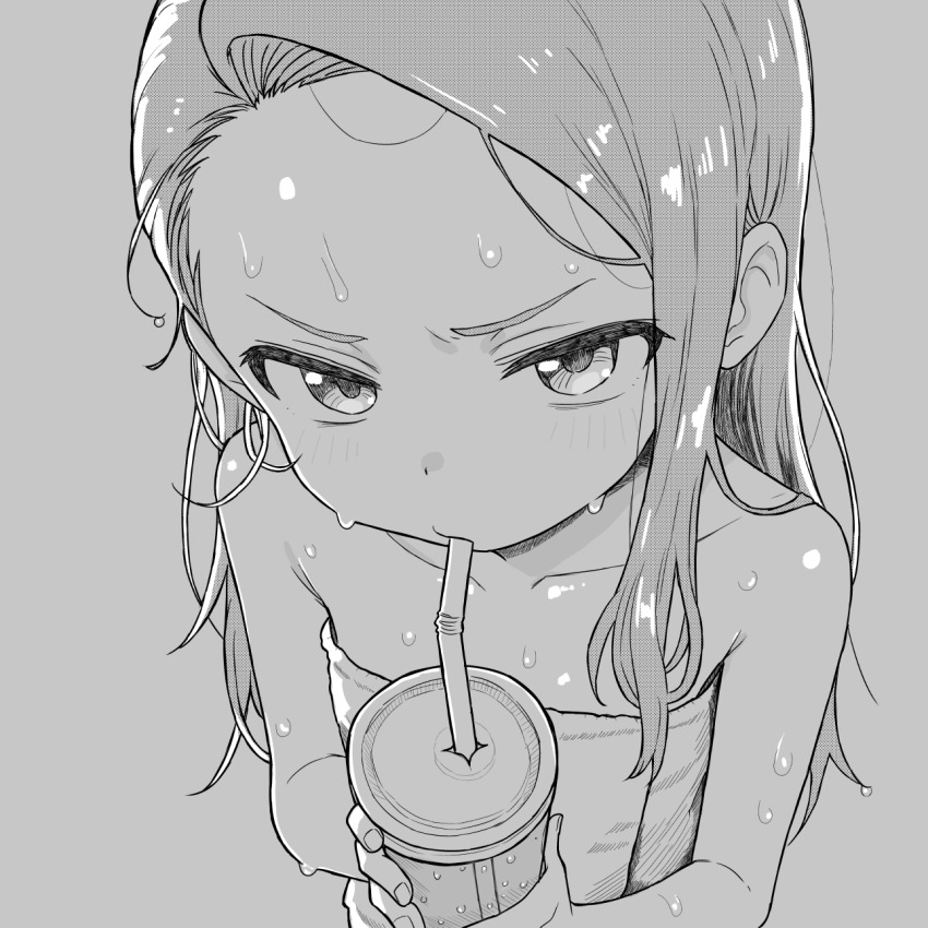 1girl breasts drink drinking drinking_straw forehead from_above grey_background greyscale highres hues_sunk idolmaster idolmaster_(classic) long_hair minase_iori monochrome naked_towel small_breasts towel upturned_eyes wet wet_hair