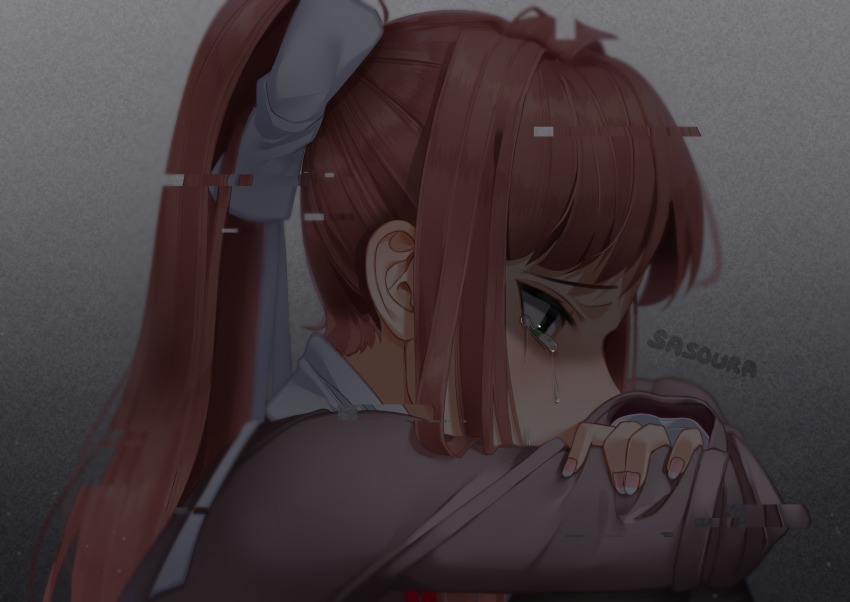 1girl artist_name brown_hair commentary crying crying_with_eyes_open doki_doki_literature_club english_commentary female_focus glitch green_eyes grey_background hair_ribbon highres long_hair monika_(doki_doki_literature_club) ponytail profile ribbon sasoura school_uniform solo static tears white_ribbon