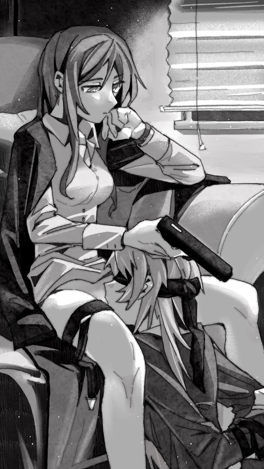 2girls armchair arms_behind_back bang_dream! bang_dream!_it&#039;s_mygo!!!!! bdsm between_legs blindfold bound bound_wrists breasts chair chihaya_anon chinese_commentary closed_mouth collar commentary_request commission cunnilingus greyscale gun handgun highres holding holding_gun holding_weapon indoors lanserongjie light_particles long_hair monochrome multiple_girls nagasaki_soyo oral second-party_source sitting watch weapon wristwatch yuri