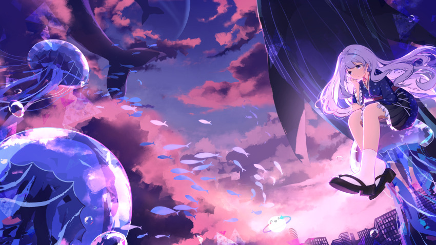 1girl alisa_(osu!) blue_kimono cloud commentary english_commentary fish floating_hair flying_fish flying_whale freedom_dive hand_on_own_cheek hand_on_own_face highres japanese_clothes jellyfish kimono leaning_forward long_hair mocapixel on_animal osu! purple_eyes purple_hair purple_sky sandals scenery short_kimono simple_fish sitting sky socks solo very_long_hair whale white_socks wide_shot