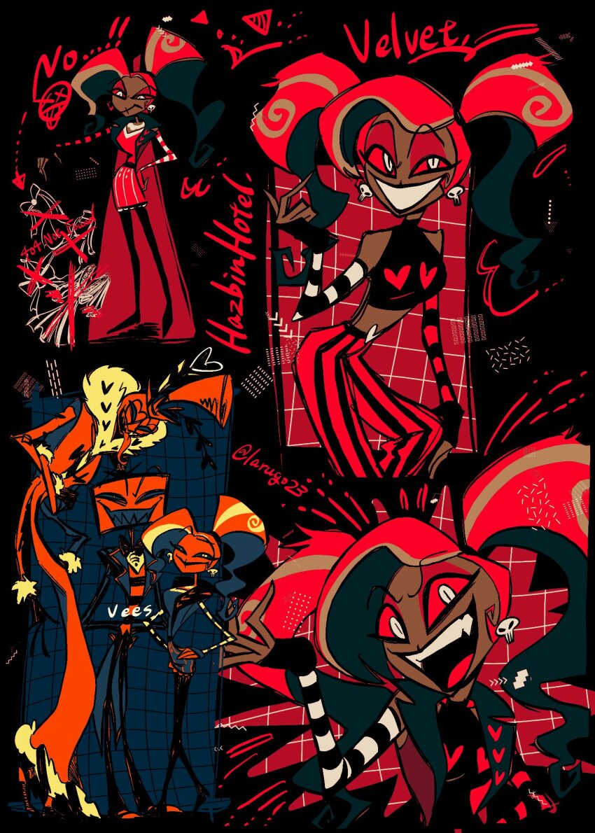 1girl 2boys ama0805 coat colored_skin demon_boy fur-trimmed_coat fur_trim hazbin_hotel heart heart-shaped_eyewear highres larugo0513 multiple_boys pink_coat purple_skin red_eyes red_hair sharp_teeth teeth twintails valentino_(hazbin_hotel) velvette_(hazbin_hotel) vox_(hazbin_hotel)