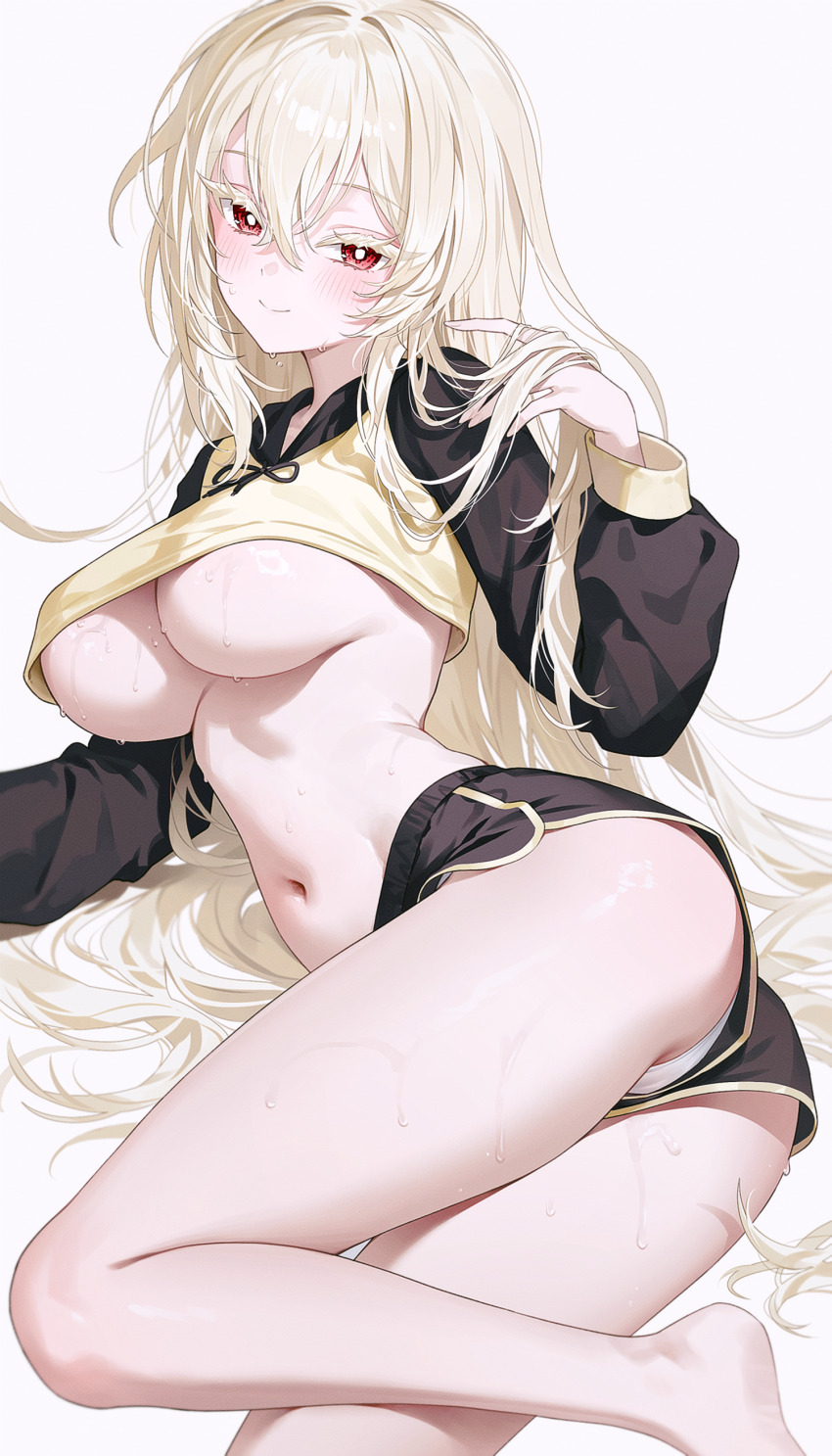 1girl absurdres ass bare_legs barefoot black_shorts black_sleeves blonde_hair breasts bright_pupils closed_mouth colored_eyelashes commentary commission crop_top crop_top_overhang dolphin_shorts fymrie hair_between_eyes hand_up highres lethe_rin long_hair long_sleeves looking_at_viewer medium_breasts midriff multicolored_hair navel no_bra original panties panty_peek red_eyes shirt short_shorts shorts simple_background sitting smile solo stomach sweat thighs two-tone_hair underboob underwear very_long_hair white_background white_eyelashes white_hair white_panties yellow_shirt yokozuwari
