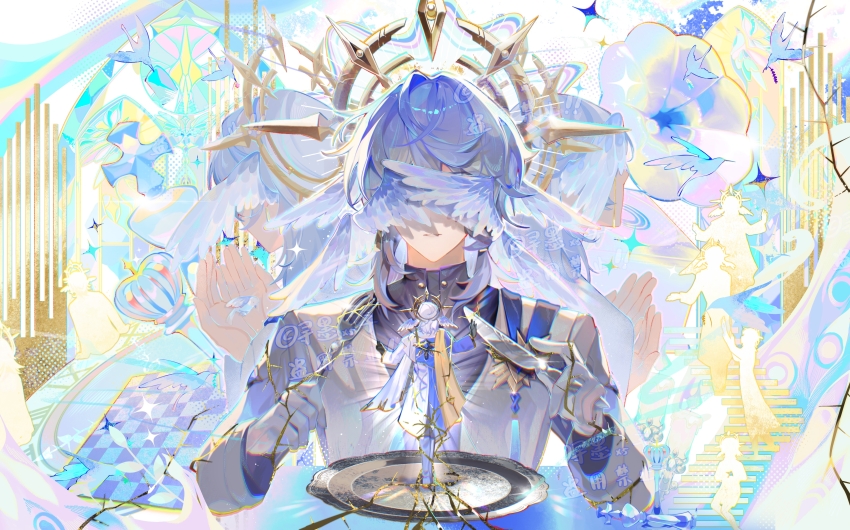 1boy absurdres artist_name bird bird_on_hand black_gloves blue_coat blue_shirt brooch chinese_commentary coat commentary_request covered_eyes cupping_hands earrings entangled feathered_wings glint gloves glowing gold_earrings gold_tears gold_trim grey_hair hair_between_eyes halo halo_behind_head head_wings highres holding_utensil honkai:_star_rail honkai_(series) jacket jewelry layered_sleeves long_sleeves male_focus medium_hair miniature multicolored_coat multiple_persona multiple_views on_stairs own_hands_together parted_lips phonograph plant plate scarf shenjingbing253 shirt silhouette stairs star_(symbol) sunday_(honkai:_star_rail) tassel tears turtleneck turtleneck_shirt vines watermark white_coat white_gloves white_jacket white_scarf white_wings wings yellow_eyes yellow_halo