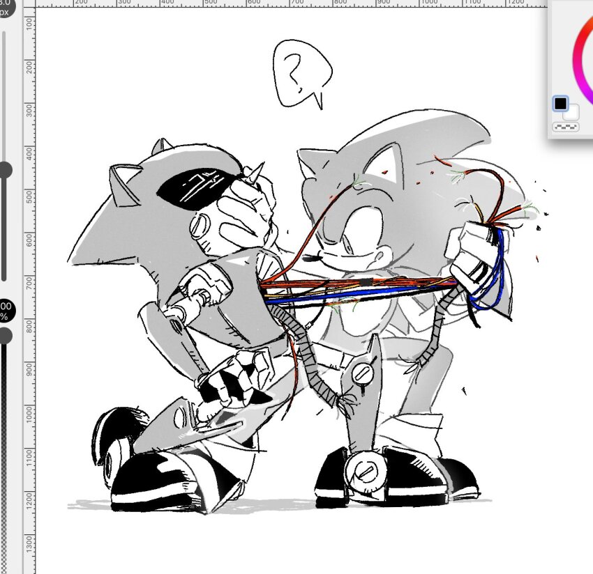 2boys art_program_in_frame bac0n_pancakes breaking furry furry_male greyscale hand_on_another&#039;s_face hedgehog_boy highres metal_sonic monochrome multiple_boys pointy_nose pulling robot sonic_(series) sonic_the_hedgehog tongue tongue_out