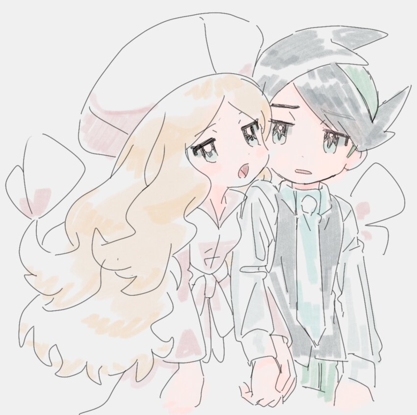 1boy 1girl black_hair black_vest blonde_hair blue_eyes caitlin_(pokemon) dress green_eyes hat highres jitome long_hair long_sleeves looking_at_another necktie nintendo open_mouth pink_dress pink_hat pokemon pokemon_bw pokemon_dppt pokemon_platinum shirt short_hair thorton_(pokemon) tora_(ctiger) vest white_background white_shirt