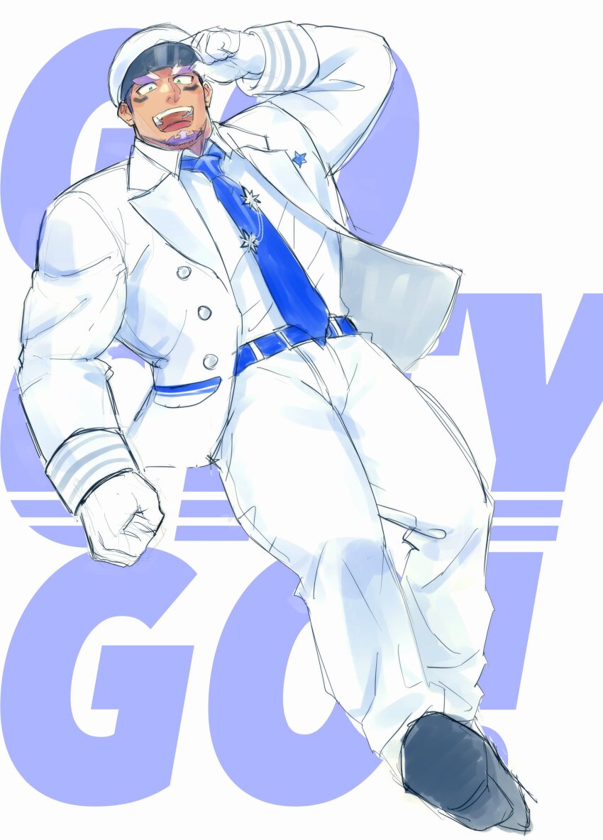 1boy :p absurdres bara belt blue_belt blue_hair blue_necktie clenched_hand dutch_angle facial_hair facial_mark full_body gloves goatee hand_on_headwear hat highres jacket lapels live_a_hero male_focus muscular muscular_male necktie pants peaked_cap shaft_(live_a_hero) shirt sketch solo star_(symbol) thick_eyebrows tongue tongue_out white_gloves white_jacket white_pants white_shirt yakisoba_ohmori