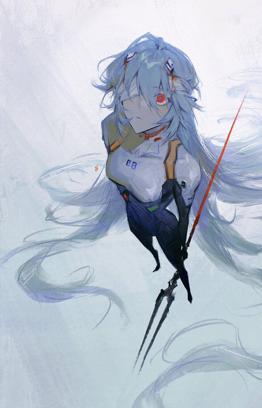 1girl ayanami_rei bandage_over_one_eye bandaged_head bandages blood blood_on_face blue_hair from_above full_body highres holding holding_weapon kgynh lance_of_longinus_(evangelion) light_blue_hair long_hair looking_up mecha_pilot_suit neon_genesis_evangelion plugsuit_(evangelion) red_eyes simple_background solo standing straight_hair very_long_hair weapon white_background