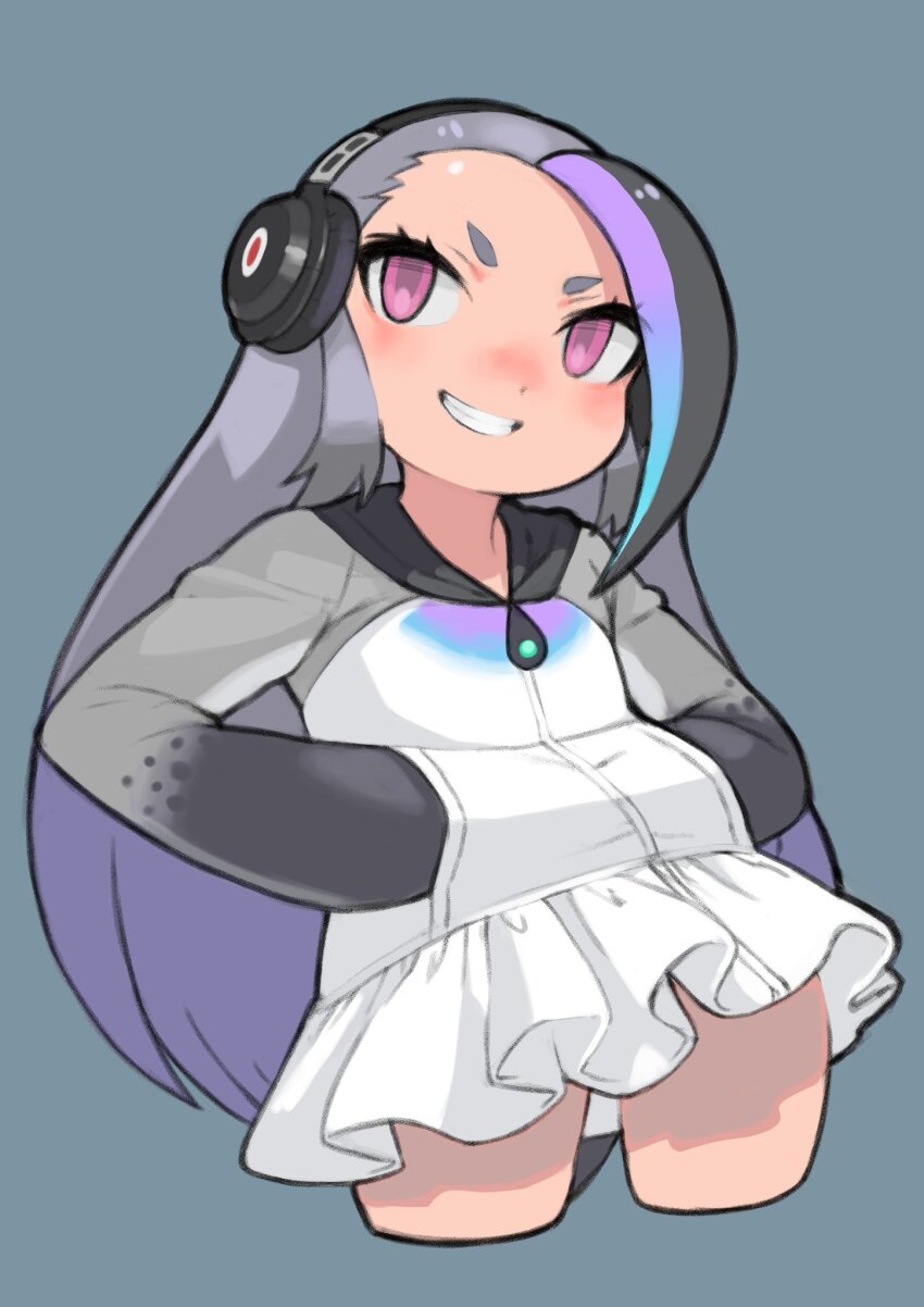 1girl animal_hood black_hair blue_background giant_penguin_(kemono_friends) grey_hair headphones highres hood hoodie kemono_friends long_hair multicolored_hair penguin_girl penguin_hood penguin_tail pink_eyes rinx simple_background skirt smile solo straight_hair tail zipper