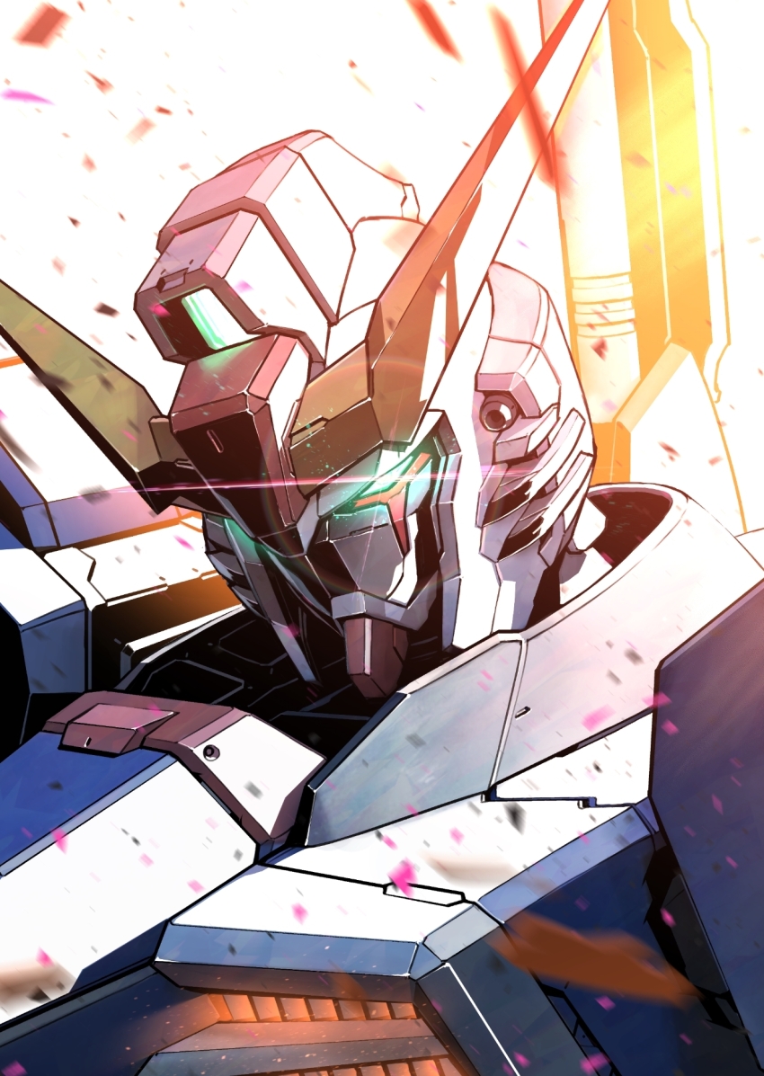 debris destiny_gundam glowing glowing_eye green_eyes gundam gundam_seed gundam_seed_destiny highres kuri_giepi looking_at_viewer mecha mobile_suit no_humans portrait robot science_fiction simple_background solo v-fin white_background