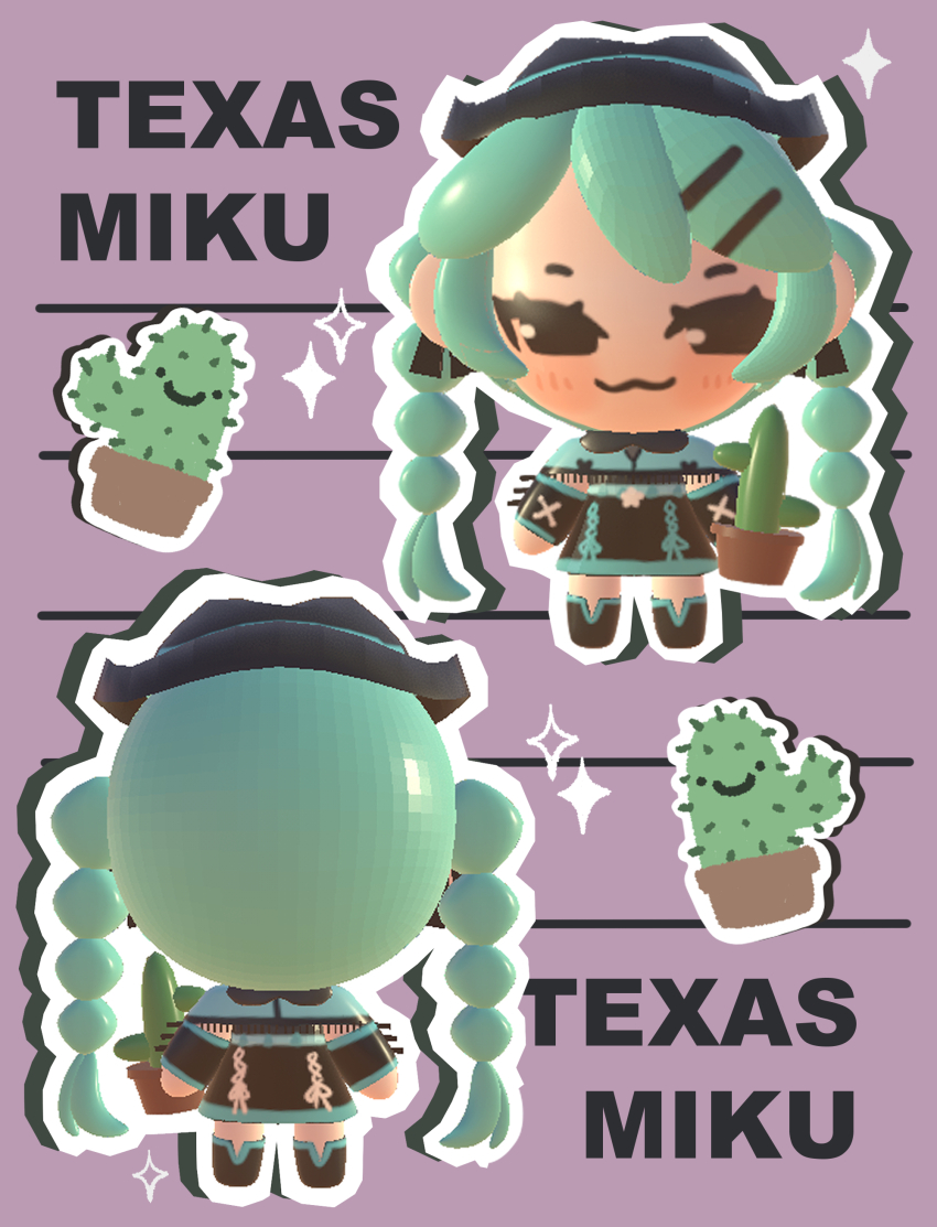 3d :3 absurdres alternate_costume aqua_hair blush cactus chibi chibi_only cowgirl_(western) hair_ornament hairclip hatsune_miku highres lavy_(lavnko) long_hair multi-tied_hair skirt twintails vocaloid