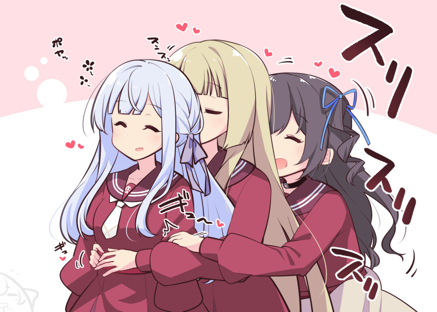 4girls :d ^^^ ^_^ arms_at_sides assault_lily behind_another black_choker black_hair blonde_hair blue_ribbon blunt_bangs blush braid brown_cardigan brown_sailor_collar cardigan cardigan_around_waist chibi chibi_inset choker closed_eyes clothes_around_waist commentary_request cousins drill_hair girl_sandwich grey_hair hair_ribbon hand_on_another&#039;s_arm hand_up hands_up heart high-waist_skirt highres hug hug_from_behind kanba_girls_high_school_uniform kon_kanaho long_sleeves miyagawa_takane morugen motion_lines multiple_girls necktie o-ring o-ring_choker one_eye_covered one_side_up open_mouth parted_lips pink_background purple_ribbon red_skirt ribbon sailor_collar sandwiched school_uniform serafuku short_necktie side_braid sidelocks skirt smile standing toki_kureha translated two-tone_background upper_body white_background white_necktie yokota_haruna yuri