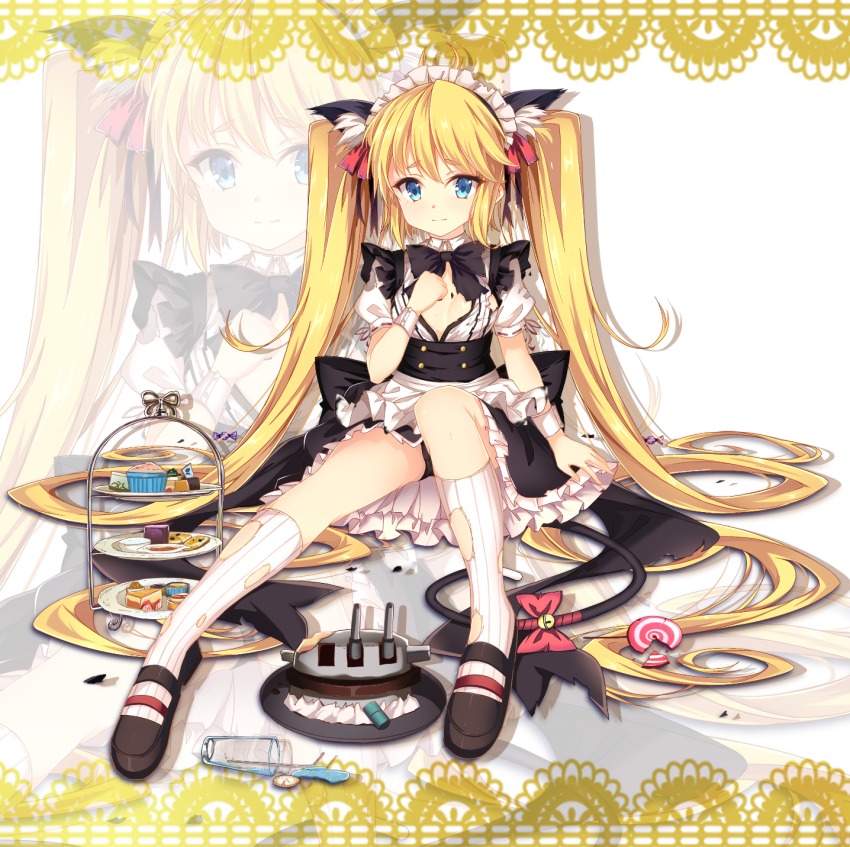 1girl absurdly_long_hair andrea_doria_(warship_girls_r) animal_ears apron bell bendy_straw black_bow black_panties black_shoes black_skirt blonde_hair blue_eyes bow breasts cake candy cannon cat_ears cat_girl cat_tail closed_mouth cookie cup drink drinking_glass drinking_straw female_focus food frilled_apron frills full_body hair_between_eyes highres jianren jingle_bell kneehighs lollipop long_hair looking_at_viewer maid maid_headdress muffin panties puffy_short_sleeves puffy_sleeves red_bow ribbed_legwear ringlets ship_turret shirt shoes short_sleeves sidelocks sitting skirt small_breasts socks solo spill swirl_lollipop tail tail_bell tail_bow tail_ornament thick_eyebrows tiered_tray torn_clothes torn_legwear torn_shirt torn_socks twintails underwear v-shaped_eyebrows very_long_hair waist_apron warship_girls_r white_apron white_shirt white_socks wrist_cuffs zoom_layer