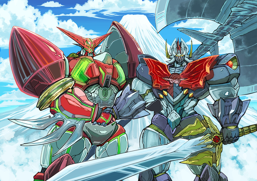 arm_blade crossover getter_robo glowing glowing_eyes handshake holding holding_sword holding_weapon looking_at_viewer mazinger_(series) mazinkaiser mazinkaiser_(robot) mecha mecha_focus mountain no_humans robot science_fiction shin_getter-1 shin_getter_robo solo super_robot sword weapon yamanushi yellow_eyes