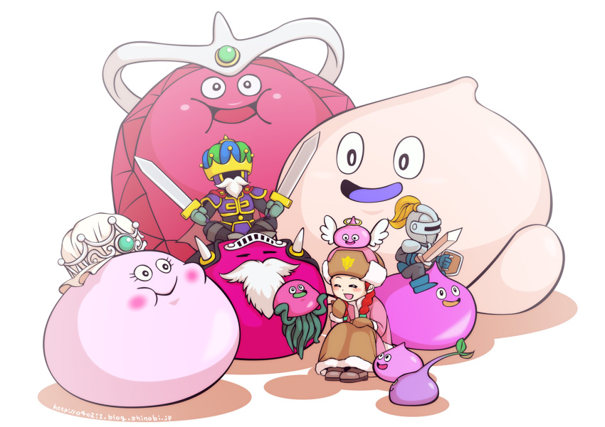 1girl angel_slime armor blue_footwear blush braid brown_footwear brown_headwear brown_mittens brown_skirt character_request closed_eyes coat crown cureslime_(dragon_quest) dragon_quest dragon_quest_monsters dual_wielding eyelashes facial_hair hat helmet holding holding_shield holding_sword holding_weapon iru_(dq) knight laughing long_hair mittens open_mouth pink_coat pink_slime_(dragon_quest) pink_theme purple_armor queen_slime red_hair shield shoes shogum_(dragon_quest) sitting skirt slime_(creature) slime_(dragon_quest) slime_tree snooty_slime_knight sword tickta twin_braids weapon white_background
