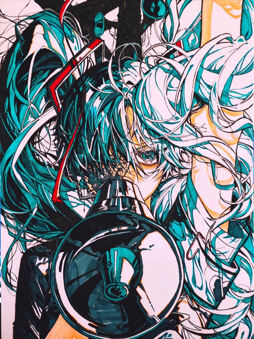 1girl absurdres aqua_eyes aqua_hair arm_up black_shirt commentary_request covered_mouth cuz_39 hair_between_eyes hair_ornament hatsune_miku highres holding holding_megaphone koi_wa_sensou_(vocaloid) korean_commentary long_hair looking_at_viewer megaphone public_address_system shirt short_sleeves solo traditional_media twintails upper_body very_long_hair vocaloid