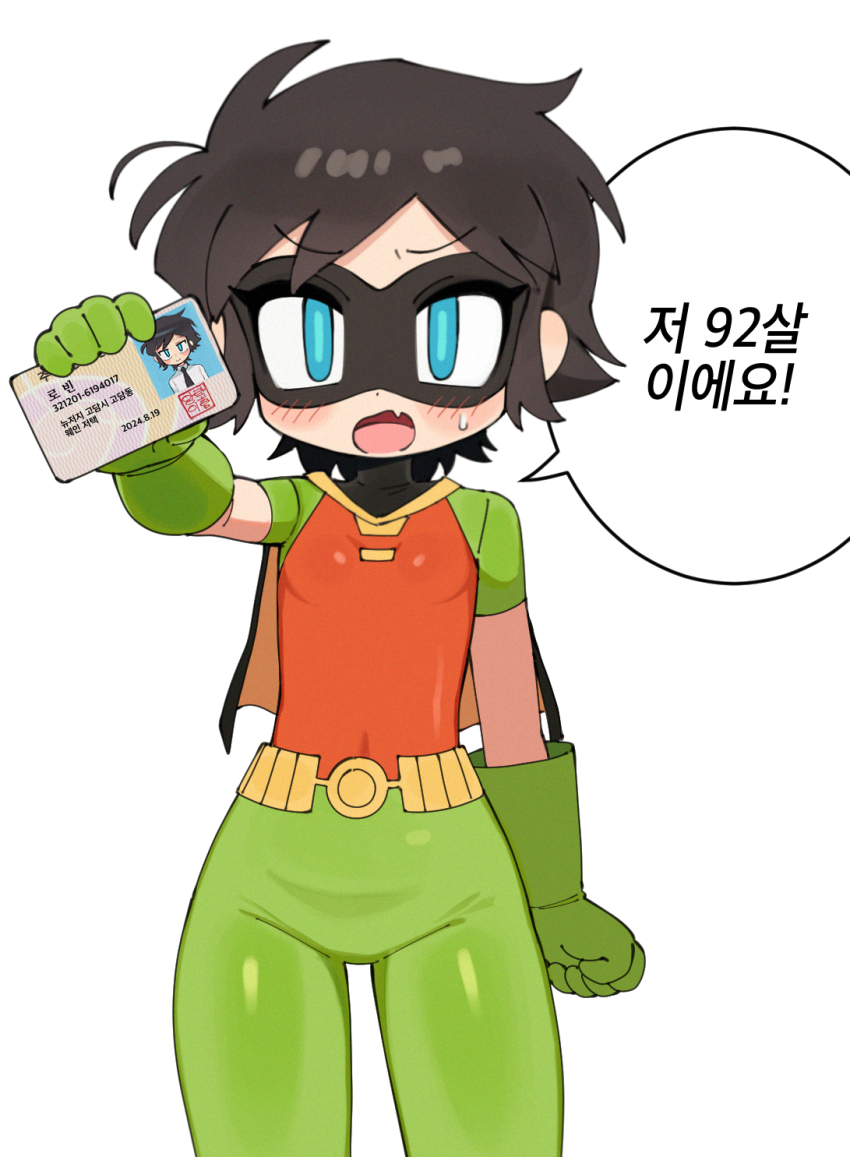 1girl batman_(series) batrobin_k black_hair blue_eyes blush breasts dc_comics dick_grayson domino_mask fang genderswap genderswap_(mtf) gloves green_gloves highres id_card korean_text mask robin_(batrobin_k) robin_(dc) short_hair skin_fang small_breasts solo spandex speech_bubble sweatdrop translation_request