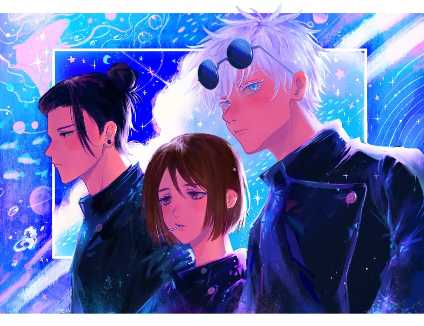 1girl 2boys black_hair blue_eyes brown_eyes brown_hair character_request check_character colored_eyelashes commentary_request earrings eyewear_on_head fish getou_suguru gojou_satoru hair_bun highres hyeon_0613 jewelry jujutsu_kaisen jujutsu_tech_uniform korean_commentary kugisaki_nobara manta_ray multiple_boys planet single_hair_bun sunglasses white_eyelashes white_hair