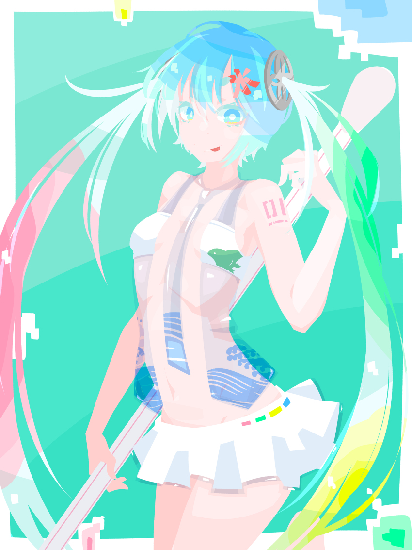 1girl :p absurdres blonde_hair blue_background blue_eyes blue_hair breasts closed_mouth commentary_request cotton_swab cowboy_shot green_hair hair_ornament hara_id_21 hatsune_miku highres kanji_hair_ornament long_hair looking_at_viewer miniskirt multicolored_hair navel no_lineart open_clothes open_vest pink_hair skirt small_breasts smile solo tongue tongue_out transparent_necktie transparent_vest twintails vest vocaloid white_hair white_skirt
