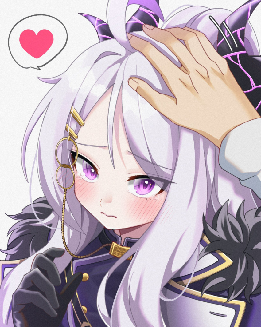 1girl 3: belt black_coat black_gloves blue_archive blush coat coat_on_shoulders commentary_request forehead fur-trimmed_coat fur_trim gloves hair_ornament hairclip headpat heart highres hina_(blue_archive) karaage_(xxxmido02) long_hair long_sleeves looking_at_viewer military military_uniform open_clothes open_coat out_of_frame parted_bangs purple_eyes sam_browne_belt sensei_(blue_archive) shirt shoulder_belt sidelocks simple_background spoken_heart white_background white_hair white_shirt