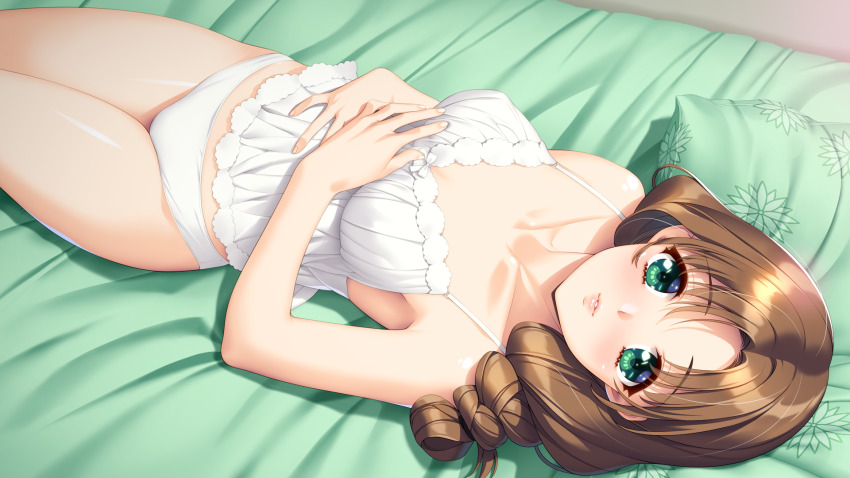 1girl bare_arms bare_legs bed_sheet braid braided_ponytail breasts brown_hair doukyuusei_(series) doukyuusei_2 floral_print game_cg green_eyes hair_intakes hands_on_own_stomach highres indoors long_hair looking_at_viewer lying medium_breasts official_art on_back on_bed panties parted_lips pillow print_pillow shiny_skin shirt single_braid sleeveless sleeveless_shirt solo spaghetti_strap sugimoto_sakurako sumeragi_kohaku underwear underwear_only white_panties white_shirt