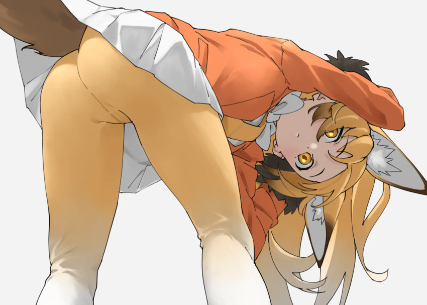 1girl animal_ear_fluff animal_ears ass bent_over blonde_hair bow bowtie closed_mouth commentary extra_ears ezo_red_fox_(kemono_friends) fox_ears fox_girl fox_tail from_below gradient_pantyhose jacket kemono_friends long_hair long_sleeves looking_at_viewer miniskirt necktie orange_jacket pantyhose pleated_skirt simple_background skirt solo tail tanabe_(fueisei) two-tone_pantyhose white_background white_bow white_bowtie white_pantyhose white_skirt yellow_necktie yellow_pantyhose