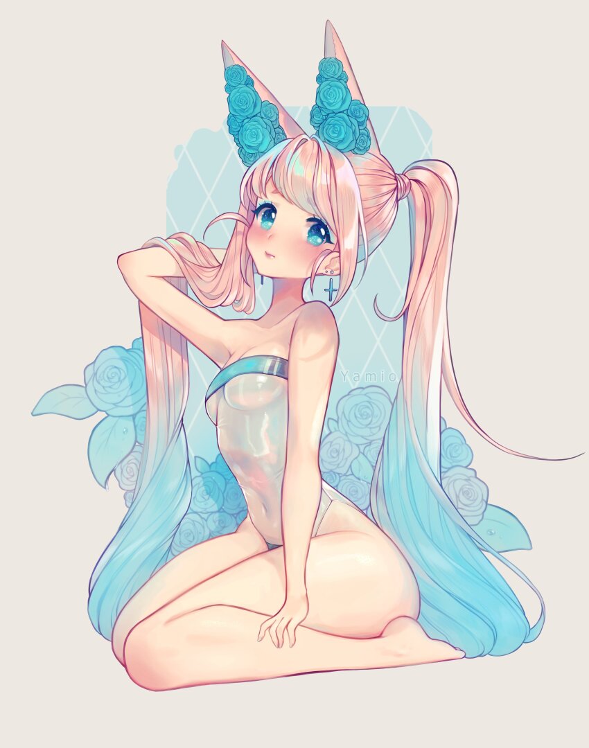 1girl absurdres animal_ears arm_up artist_name bare_arms bare_legs bare_shoulders barefoot blue_eyes blue_flower blue_hair blue_nails blue_rose blush breasts closed_mouth commentary covered_navel cross cross_earrings earrings flower grey_background gris_swimsuit highres jewelry legs long_hair looking_at_viewer meme_attire multicolored_hair one-piece_swimsuit original pink_hair pink_lips rose see-through_clothes see-through_one-piece_swimsuit seiza sitting solo strapless strapless_one-piece_swimsuit swimsuit two-tone_hair virtual_youtuber yamio